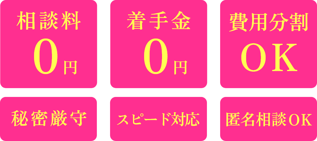 相談料0円、着手金0円、費用分割OK！秘密厳守、スピード対応、匿名相談OKです。
